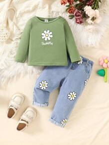 女婴花卉和字母印花长袖 T 恤和松紧腰直筒牛仔裤套装，春/秋
