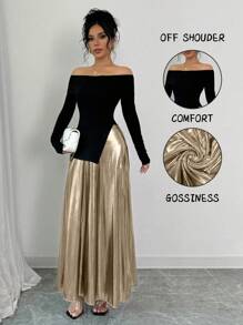 Rafferiza Đầm dài thanh lịch hở vai xẻ tà lấp lánh ánh kim tôn dáng - Đen và vàng - Xem 3