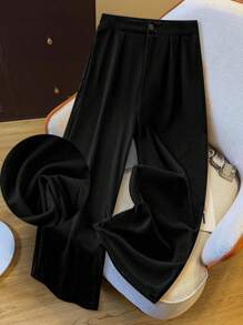 SHEIN LUNE Damen Große Größen Einfarbig Knopfleiste Freizeithose, minimalistischer Stil für den täglichen Gebrauch - Schwarz - Übersicht 1