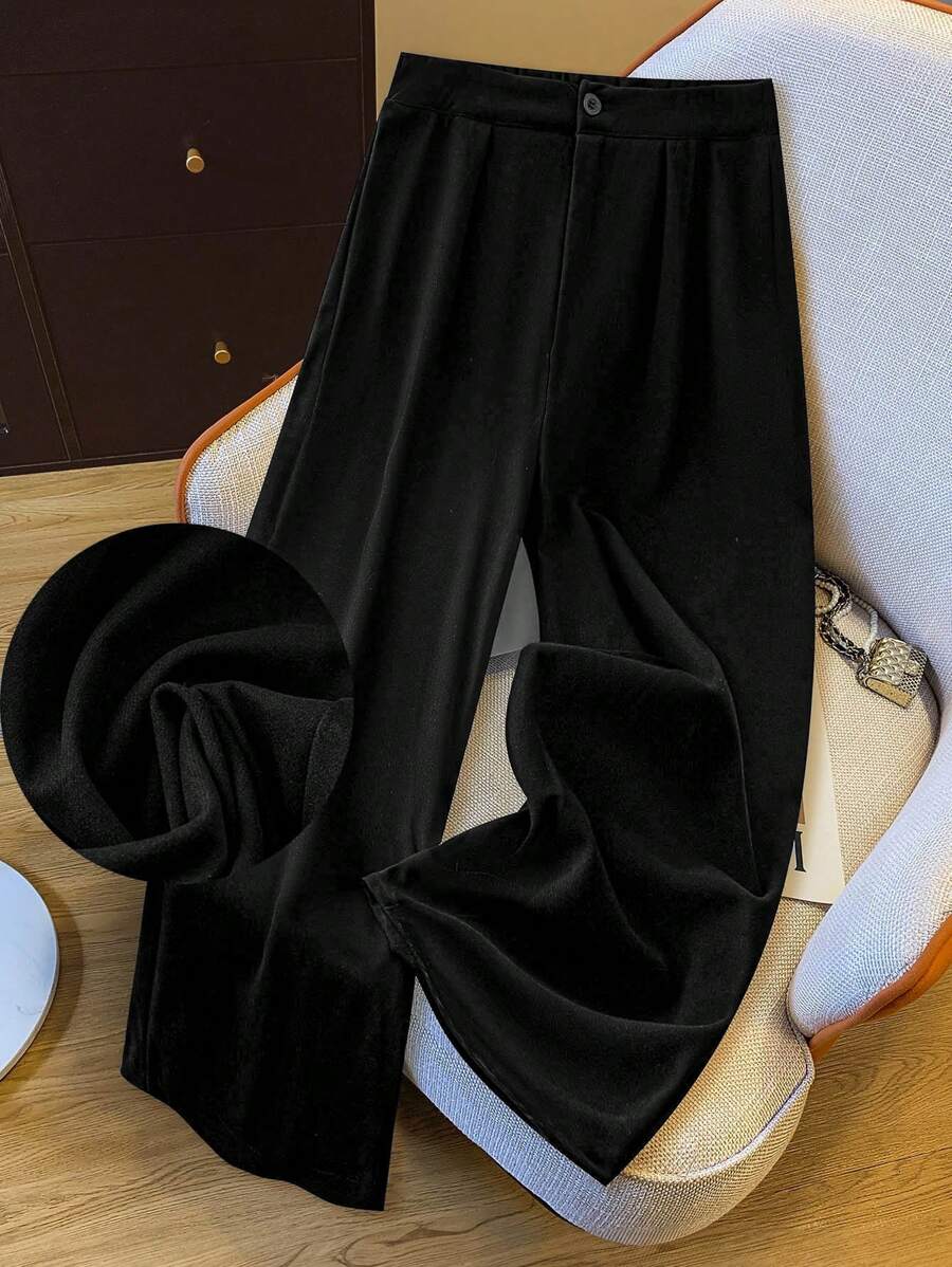 SHEIN LUNE Quần dài thường ngày màu trơn cỡ lớn cho nữ, phong cách tối giản để mặc hàng ngày - màu đen - Xem 1