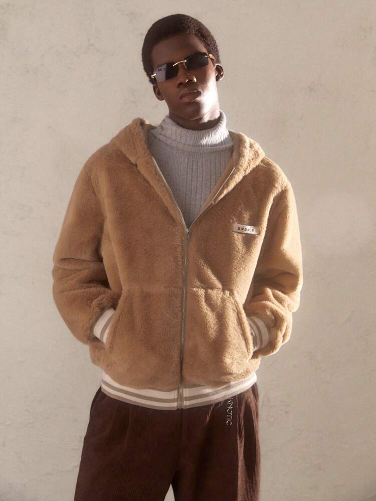 Men's Loose Knitted Raglan Long Sleeve Short Zip-Up Hooded Jacket With Pockets, Casual Khaki, Suitable For Autumn/Winter, Daily Wear, Letter Decor, Contrast Color Rib