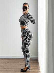 SHEIN ICON 2 件黑色网格图案 T 恤和紧身裤套装，2 合 1 服装，个性化 - 黑色 - 查看 5