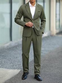 Manfinity Mode 1 套男士简约纯色单扣西装外套和长裤，适合秋季的商务通勤装 - 綠色 - 查看 4