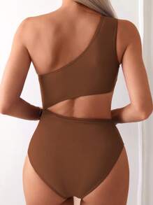 SHEIN Swim 女式纯色连体泳衣，腰部镂空和褶饰细节，紧身款式夏季 - 棕色 - 查看 2