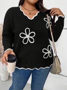 SHEIN LUNE Plus Size Women V-Neck Long Sleeve Sweater, Winter