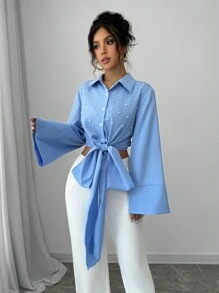 Chiquease Áo sơ mi tay dài cổ tròn đính ngọc trai, dây đeo chéo vai, màu xanh, tay chuông, eo bó, thiết kế nơ và eo, ôm vừa vặn, đa năng, hẹn hò, đi làm, tiệc tùng, kỳ nghỉ, tuyệt đẹp, tay dài, áo cánh thu đông - Màu xanh lam - Xem 5