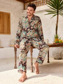 Men's Plant Print Long Sleeve Lapel Neck Single Breasted Top And Pants Pajama Set - Black - View 4