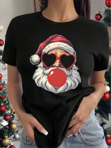 SHEIN LUNE 圣诞节圣诞老人卡通抽象圆领短袖女式 T 恤图案 T 恤女式上衣 - 黑色 - 查看 3