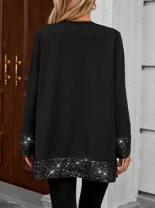 EMERY ROSE Women Casual Patchwork Glitter Print Open Front Regular Jacket, Autumn Christmas Women Clothes Holiday Outfits Sequin - Black - View 2