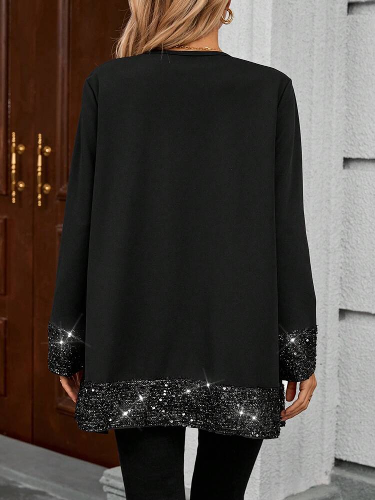 Women Casual Patchwork Glitter Print Open Front Regular Jacket, Autumn Christmas Women Clothes Holiday Outfits Sequin