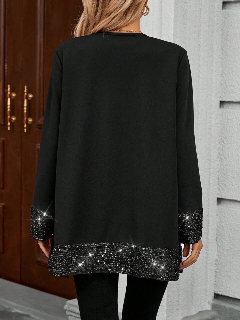 Women Casual Patchwork Glitter Print Open Front Regular Jacket, Autumn Christmas Women Clothes Holiday Outfits Sequin