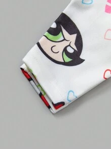 THE POWERPUFF GIRLS X SHEIN Ensemble de pyjama mignon pour bébé fille comprenant un t-shirt à manches longues blanc avec imprimé cœur de dessin animé et un pantalon, confortable et décontracté - Blanc - Voir 5
