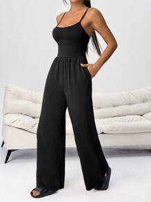 SHEIN PETITE 1 件休闲连体裤，配阔腿裤，无袖，阔腿风格 - 黑色 - 查看 3