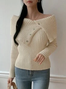 DAZY 1 Stück Damen Design Oversized Kragen asymmetrischer Knopfdekor Pullover, Herbstmode für Frauen - Beige - Übersicht 4