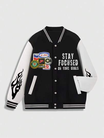 Street Life Giacca da baseball casual da uomo con maniche lunghe, bottoni davanti, con stampa di lettere e motivo in blocchi di colore unito