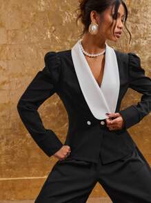 COSMINA Women's Casual Commuter Contrast Color Double-Breasted Shirt For Autumn - Black and White - View 7