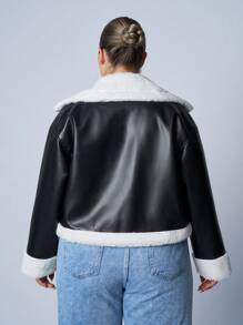 CovetEZ 厚羊毛衬里拉链立领 PU 机车夹克，大码，秋冬季 - 黑與白 - 查看 2