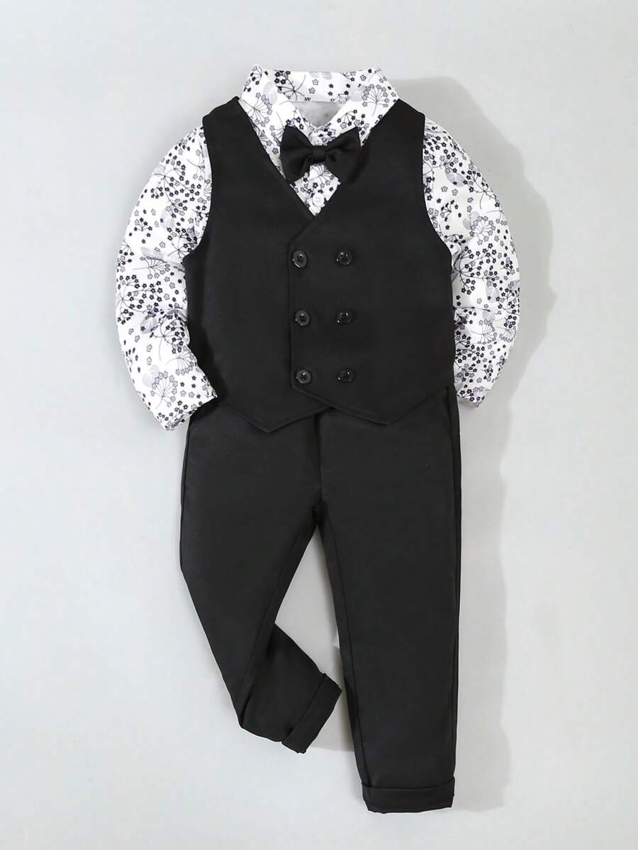 3pcs Young Boys Formal Elegant Gentleman Outfit Sets, Leaf Print Single Breasted Long Sleeve Shirt With Bow Tie + Double Breasted Vest + Elastic Waist Casual Pants, Suitable For Photography, Birthday Party, Performance, Wedding Ceremony, Children Formal Wear - Black - View 1