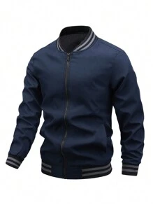 Manfinity Homme 男士条纹装饰拉链宽松运动夹克，秋季 - 藏蓝色 - 查看 1