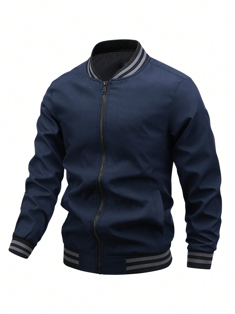 Manfinity Homme 男士条纹装饰拉链宽松运动夹克，秋季 - 藏蓝色 - 查看 1