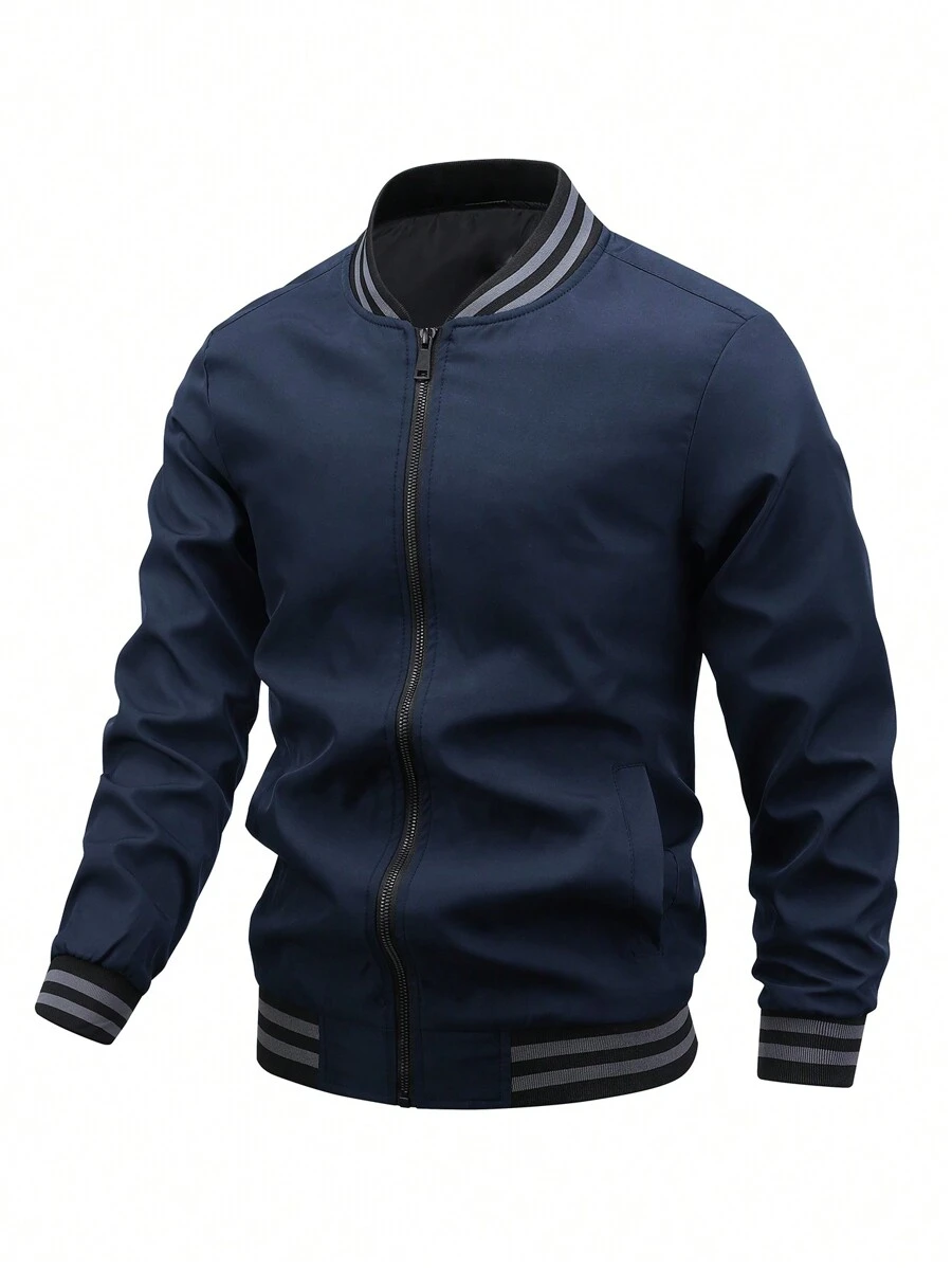 Manfinity Homme 男士条纹装饰拉链宽松运动夹克，秋季 - 藏蓝色 - 查看 1