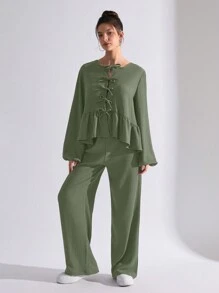 EURMUSE Plus Woman Bow Strap Long Sleeved Tw Pieces Set - Green - View 6