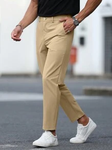 Manfinity Mode 1pc Men's Solid Color Straight Leg Loose Casual Commuter Pants With Pockets, Khaki Dress Pants Men - Khaki - View 7