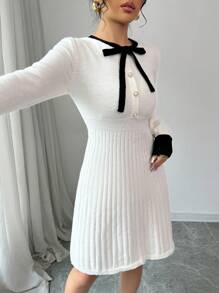 Váy dệt kim cạp cao màu mơ tương phản, cổ nơ đen, tay dài, thu/đông - Nhiều màu - Xem 5