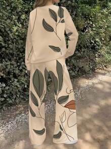 INAWLY 2 件套女士抽象印花圆领长袖上衣和裤子套装 - 卡其色 - 查看 2