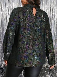 SHEIN Clasi Plus Size Women's Black Gold Foil Star & Moon Pattern V-Neck Stand Collar Shirt, Elegant For Party And Spring/Autumn Wear