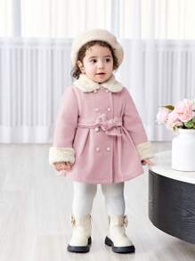 SHEIN Baby Girl Warm & Fashionable Furry Collar Mid-Length Belt Coat, Autumn/Winter Clothes - Multicolor - View 1