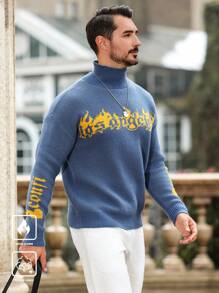 Manfinity Homme 男士休闲火焰与字母印花拼色套头高领长袖毛衣，适合工作、朋友 - 藍色 - 查看 1