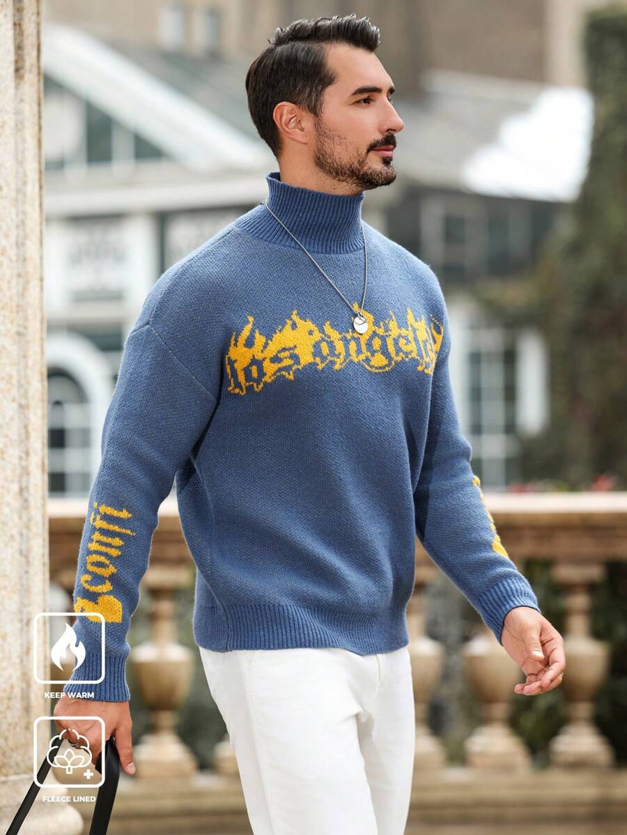 Manfinity Homme 男士休闲火焰与字母印花拼色套头高领长袖毛衣，适合工作、朋友 - 藍色 - 查看 1
