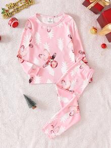 2 peças/Conjunto Pijama Rosa Ajustado Estampa Pão de Mel Menina Jovem, Tecido Quente e Confortável, Combinação Familiar, Perfeito para Festa de Natal, Sessão de Fotos de Férias - Rosa Bebê - Visão 3