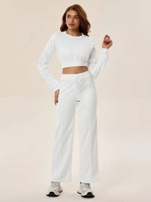 SHEIN Sports 休闲纯色落肩上衣和长裤运动套装，秋季 - 白色 - 查看 6