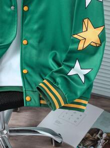 SHEIN Explorewe Teenage Boys Star Pattern Fuzzy Vintage Long Sleeve Cardigan Jacket - Army Green - View 7