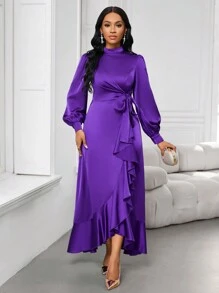 SHEIN Lady Vestido de satén morado, vestido de mujer, vestido de Navidad, vestido elegante para mujer, ropa de Navidad para mujer, ropa de mujer de otoño, vestido formal - Negro - Ver 5