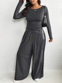 SHEIN Essnce Bộ đồ thường ngày cỡ lớn cho nữ, Bộ đồ xám Quần ống rộng, Bộ đồ dài tay, Bộ đồ hai mảnh cho nữ, Bộ đồ hai mảnh cho nữ Bộ đồ hai mảnh cho nữ, Bộ đồ mùa đông, Quần áo cho mẹ và bé, Bộ đồ hai mảnh cho mùa thu Bộ đồ hai mảnh - Màu xám đen - Xem 4