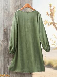 Rusticease Rochie de damă, de culoare solidă, cu gât rotund, cu mânecă lungă, cu volană simplă, de lungime mijlocie, de toamnă