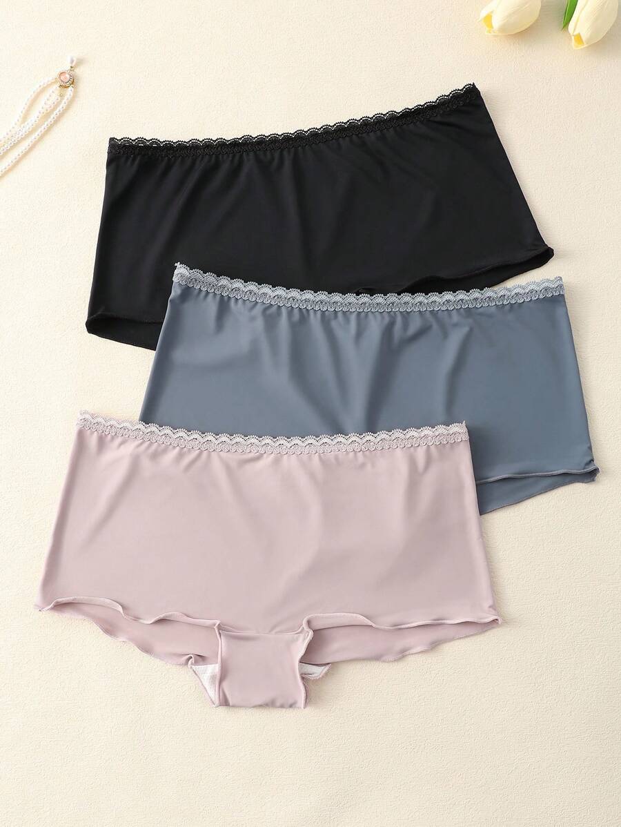 3条装少女撞色蕾丝荷叶边休闲平角短裤 - 彩色 - 查看 1