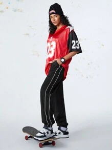 SHEIN Sports 女士撞色条纹前系带休闲运动裤 - 黑色 - 查看 5