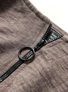 Mulvari Plus Size Casual Solid Color Ruffle Hem Front Zipper Jacket, Autumn - Grey - View 16