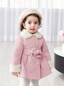 SHEIN Baby Girl Warm & Fashionable Furry Collar Mid-Length Belt Coat, Autumn/Winter Clothes - Multicolor - View 6