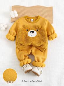 Cozy Pixies 2 件装男婴/女婴卡通熊耳朵装饰混合面料长袖连帽衫和慢跑裤套装，秋冬 - 彩色 - 查看 1