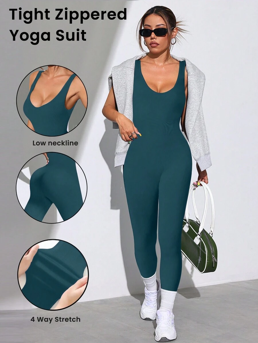 Easithlete Áo ba lỗ bó sát co giãn màu trơn thời trang nữ & quần legging liền thân - Màu xanh lá cây đậm - Xem 1