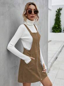 SHEIN LUNE 女士休闲短款拉链前口袋连衣裙灯芯绒女装 - 咖啡棕 - 查看 5