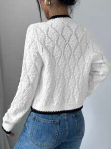Chiquease 法式休闲百搭钻石提花图案长袖套头针织衫 - 白色 - 查看 3