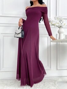 Modelyn Women's Elegant Solid Color Off Shoulder Dress, Autumn Long Evening Dresses