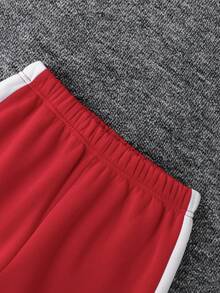 SHEIN Bộ 2 món: Áo khoác hoodie thể thao màu tương phản và quần nỉ cho bé trai tuổi teen, phong cách thường ngày - Đỏ - Xem 3