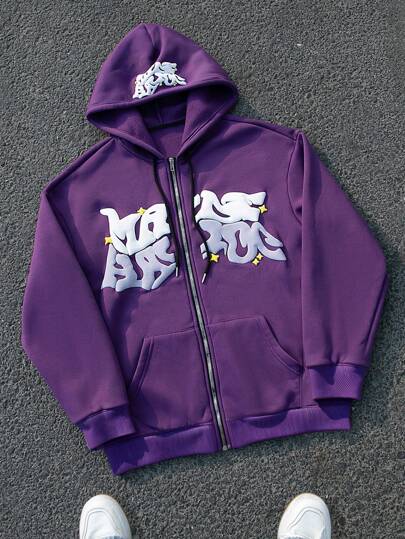 Manfinity EMRG Men's Letter Print Pocket Hooded Zip-Up Long Sleeve Sweatshirt, Zipper Varsity Hoodie, For Friends, Husband, Boyfriend Gifts, For Fall